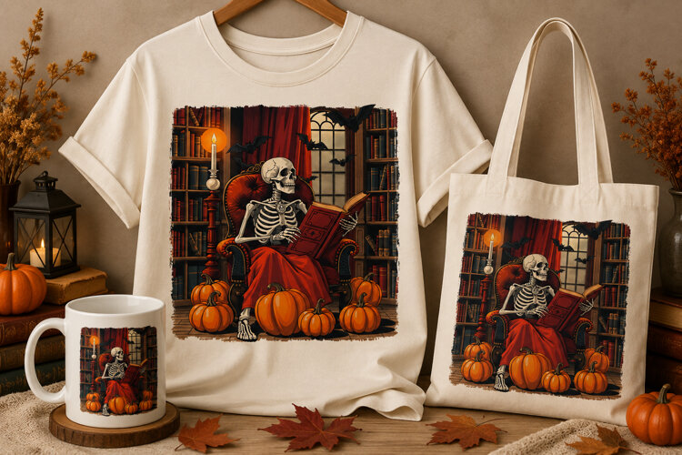 Skeleton Reading Book PNG | Halloween Pumpkin Gothic Clipart example image 1