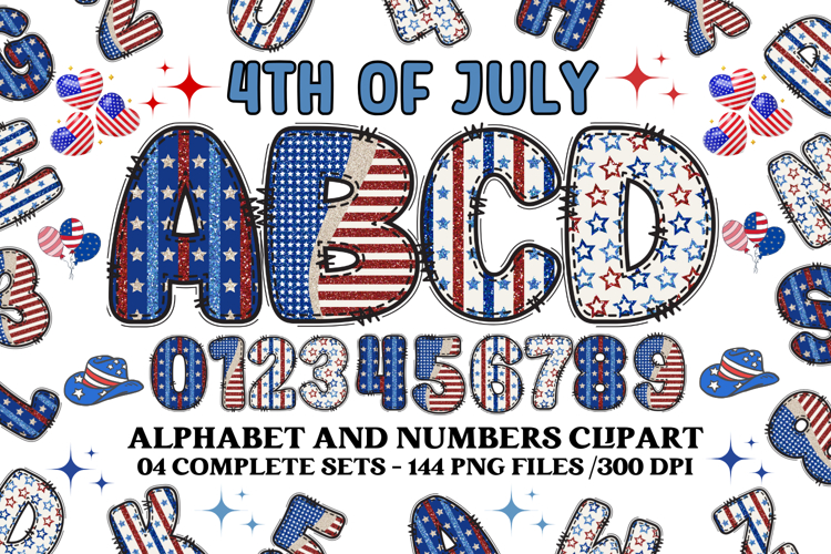 4th July Alphabet png clipart, independence letters doodle