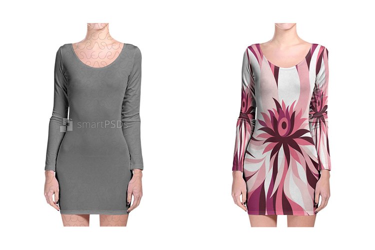 Long Sleeve Bodycon Dress Design Mockup for Sublimation Printing - 2 Views example image 1