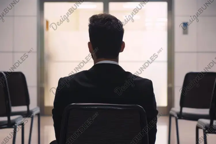 Businessman Sitting in Empty Office in Chair Back View