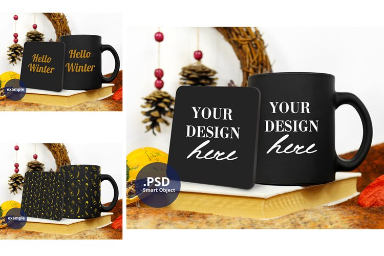 Winter Black mug   coaster mockup, coaster   mug mockup PSD