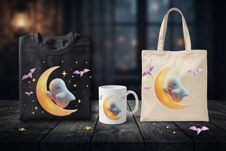 Cute Ghost Sleeping on Moon PNG | Kawaii Halloween Clipart