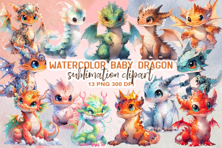 Baby Dragon Watercolor Sublimation Clipart example image 1