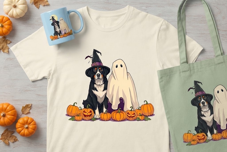 Halloween Dog & Ghost PNG | Witch Hat, Pumpkins & Moon