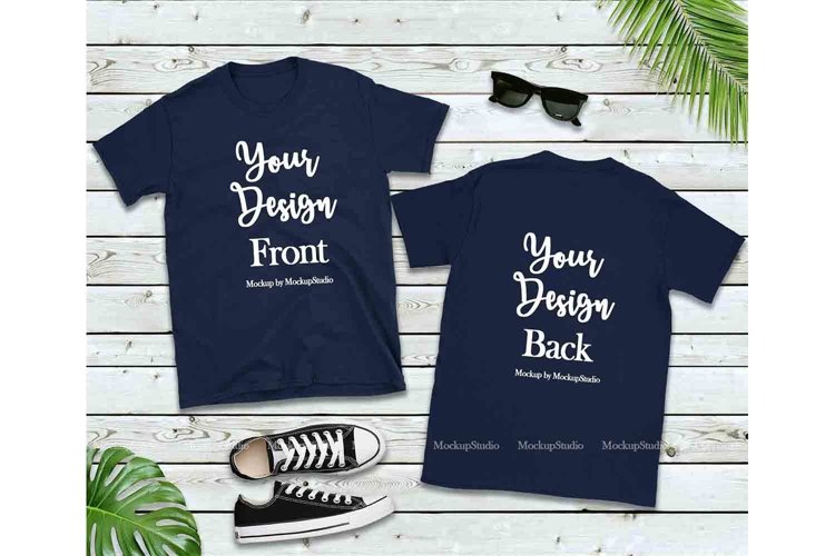 Front & Back Navy Tshirt Mockup, Gildan 64000 Shirt Mock Up example image 1