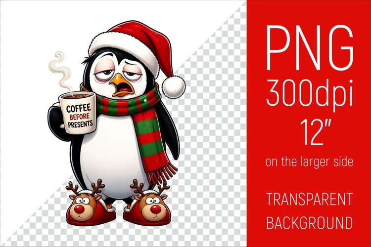 Funny Morning Coffee White Penguin in Santa Hat example image 1