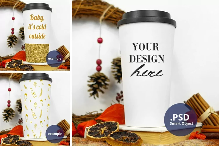 Travel mug mockup, Full wrap PSD mockup, Winter mock up JPG