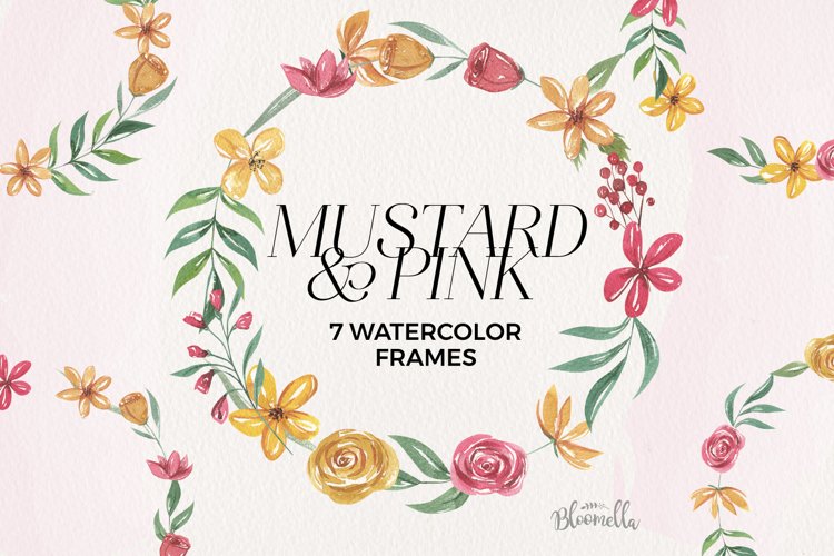 Mustard Pink Florals Wreaths 7 Wreaths Watercolor Flowers