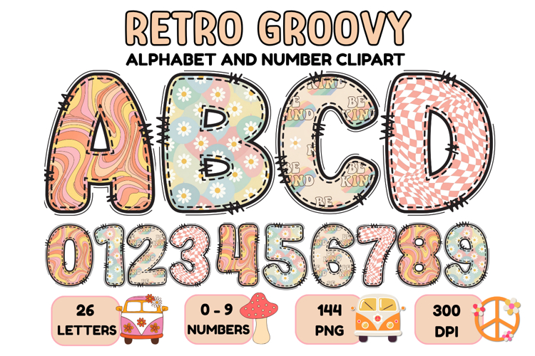Retro Groovy Alphabert PNG 70s Numbers & Letters 300 DPI