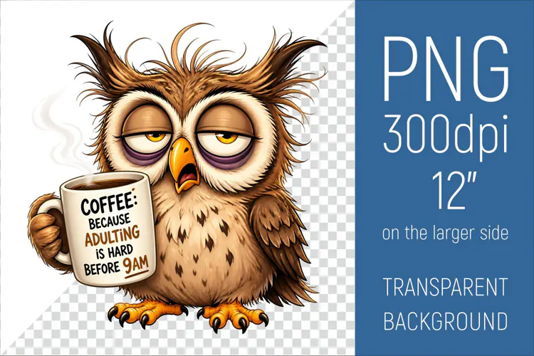Funny Morning Coffee Owl |Cute Coffee Lover Clipart