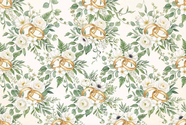 Watercolor seamless pattern gold wedding rings white flowers