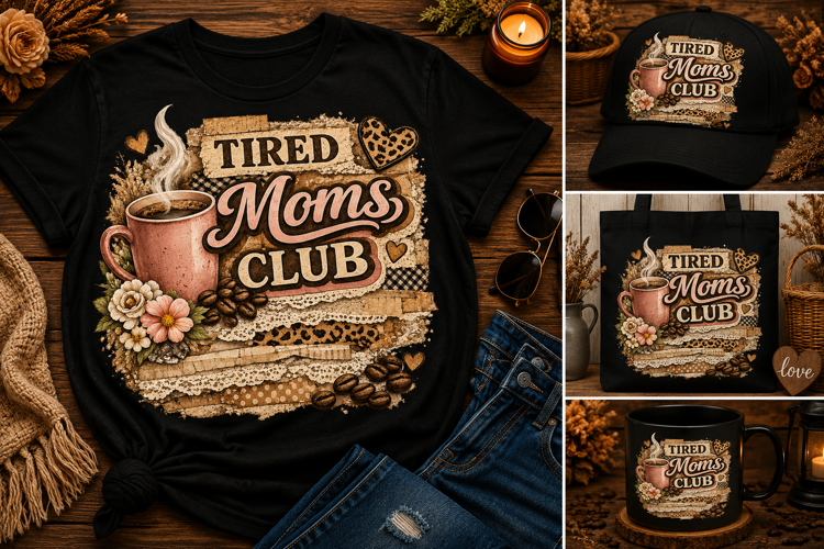 Tired Moms Club PNG | Funny Coffee Mom Sublimation Design wi