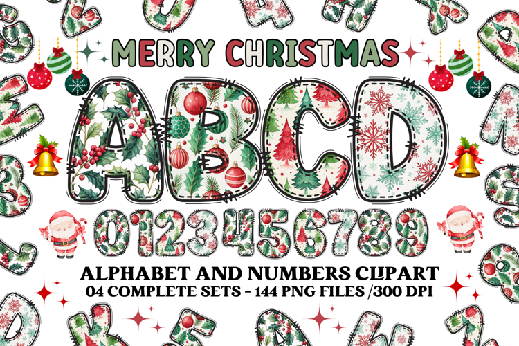 Christmas Alphabet png clipart, christmas letters doodle