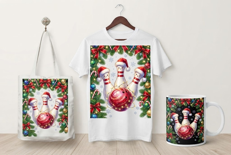 Cute Christmas Bowling Pins and Ball Holiday Design