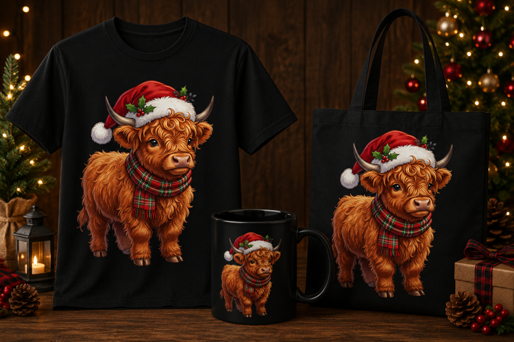 Christmas Highland Cow PNG with Santa Hat & Plaid Scarf