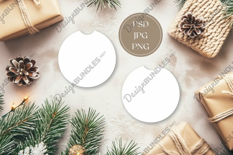 Christmas Car Coasters Mock Up, Flat Lay Mockup Design example image 1