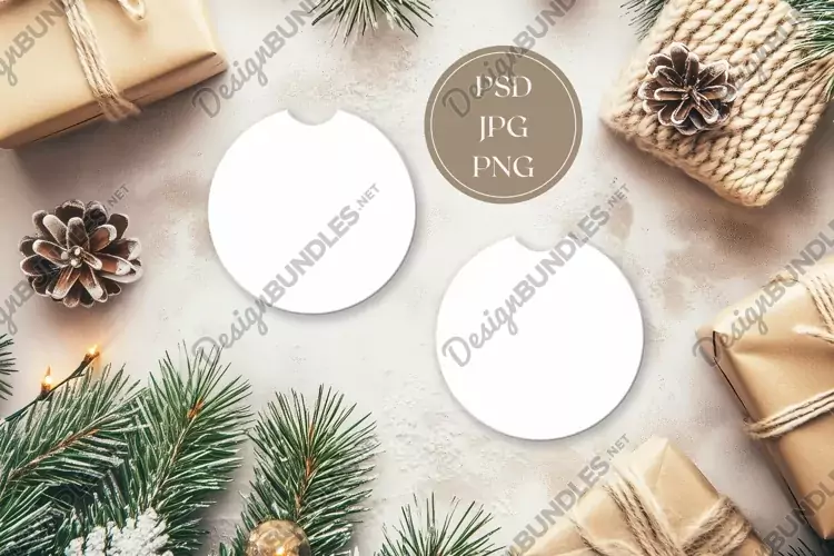 Christmas Car Coasters Mock Up, Flat Lay Mockup Design