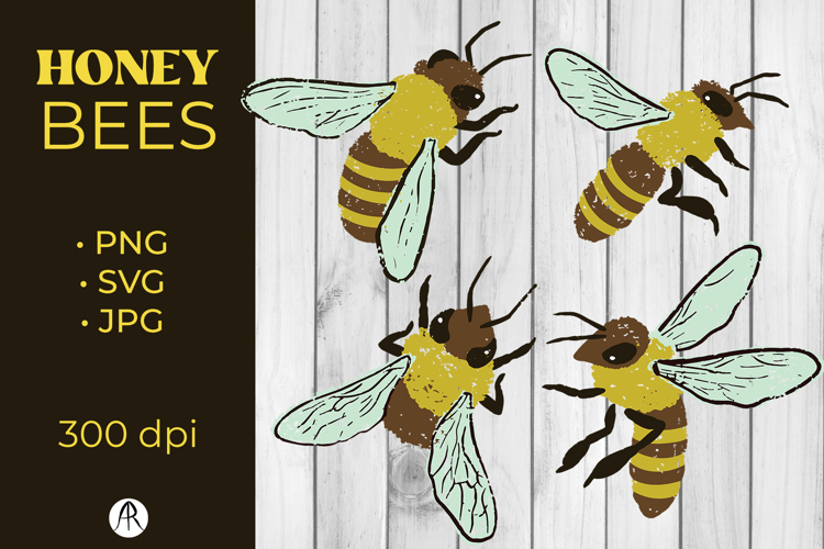 4 Chalky Texture Honey Bee Illustrations SVG