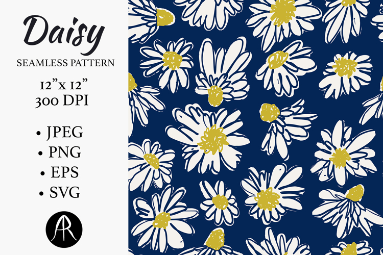 Navy Sketchy Daisy Hand-Drawn Floral Seamless Pattern SVG