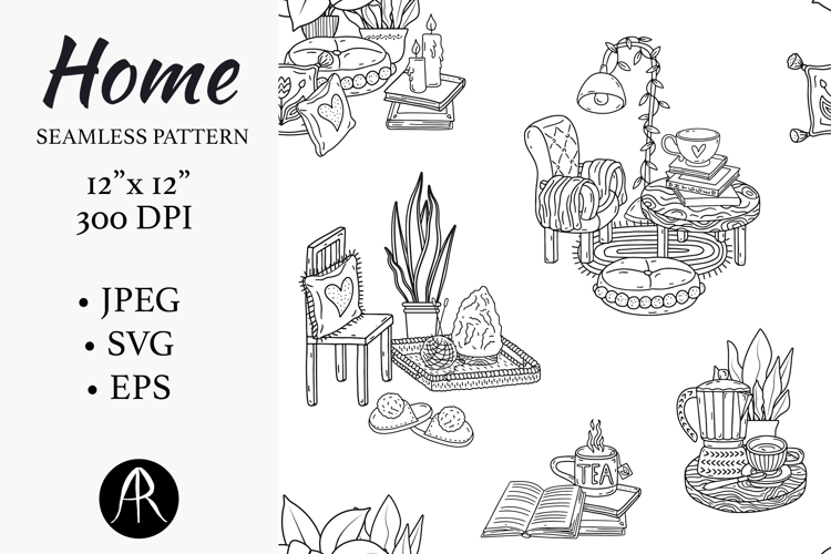 Black and White Cozy Home Hygge Seamless Pattern SVG