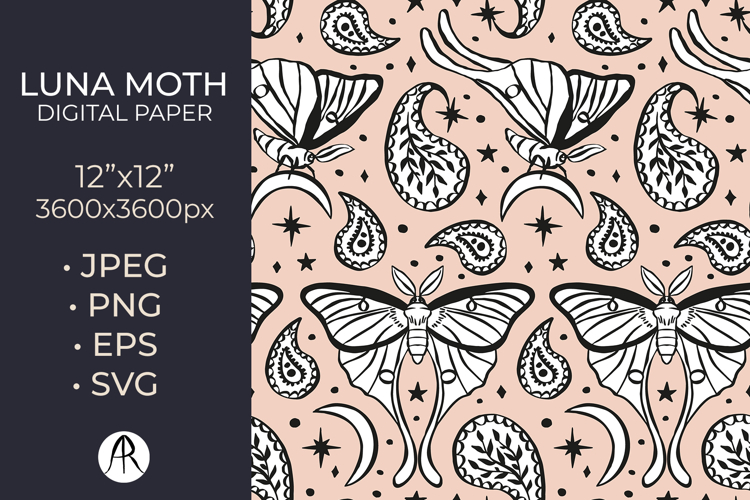 Celestial Luna Moth Paisley Black & White on Pink Pattern