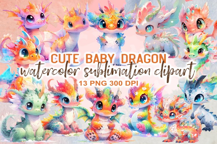 Cute Baby Dragon Watercolor Sublimation Clipart example image 1