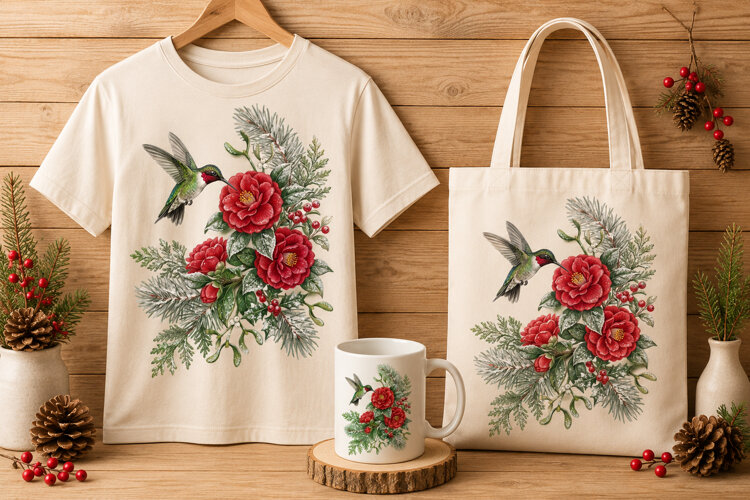 Hummingbird with Red Camellias Winter Holiday Art Print example image 1