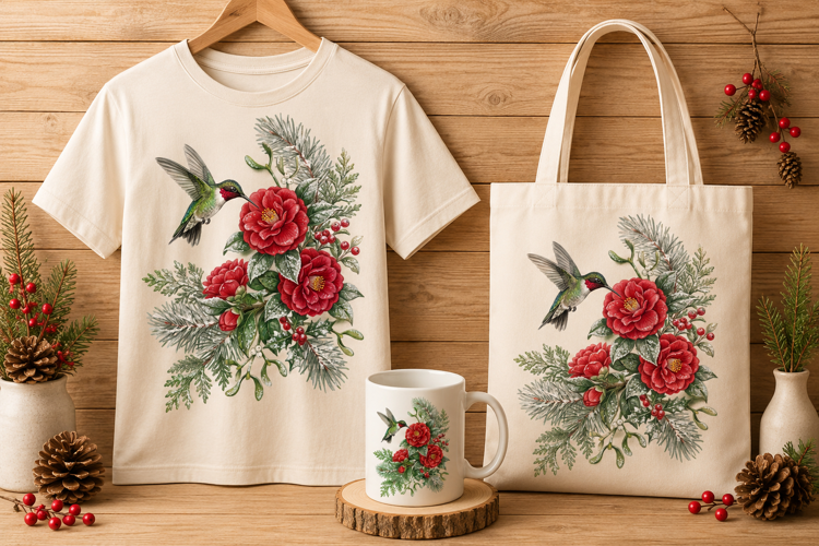 Hummingbird with Red Camellias Winter Holiday Art Print