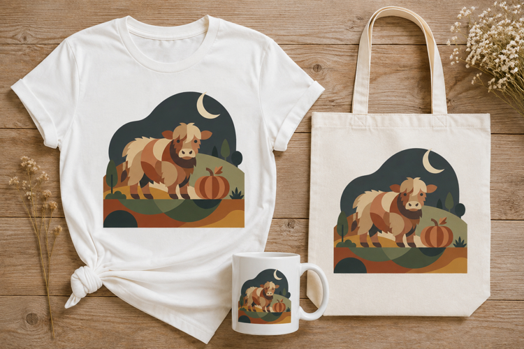 Minimalist Highland Cow Pumpkin Geometric Autumn Art