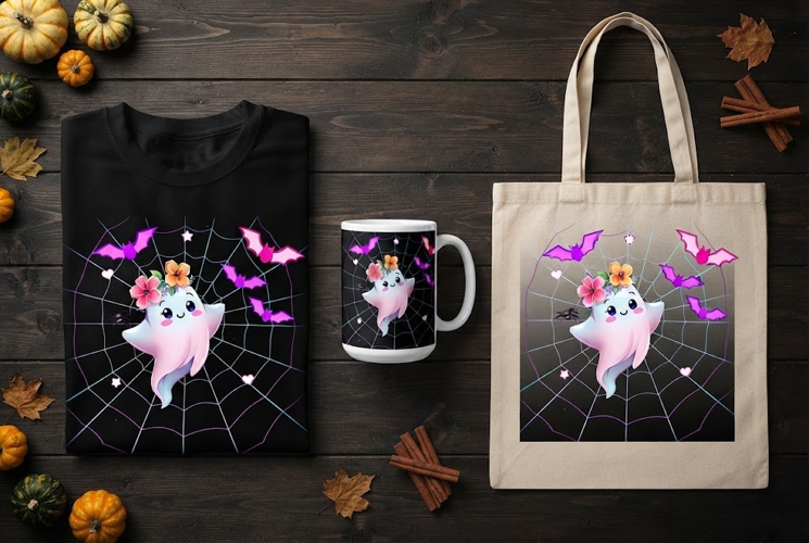 Kawaii Ghost with Flowers & Bats Halloween PNG Clipart