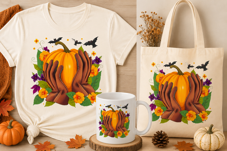 Halloween Pumpkin Hands PNG | Spooky Floral Bat Design