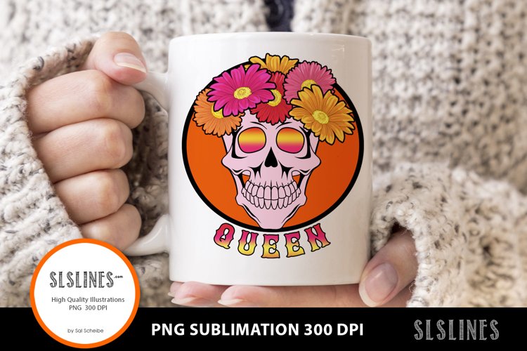 Queen Flower Skull PNG sublimation Pink & Orange example image 1
