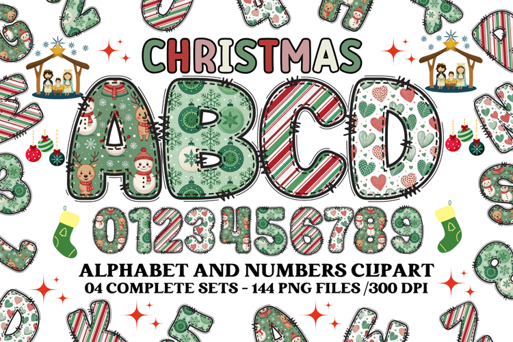 Christmas Alphabet png clipart, christmas letters doodle