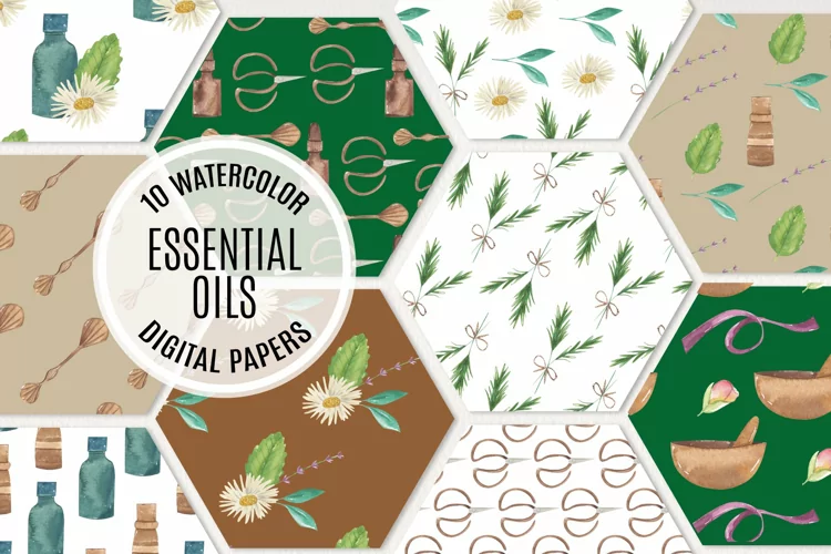 Essential Oils Watercolor Seamless Patterns Pretty Herbs Set