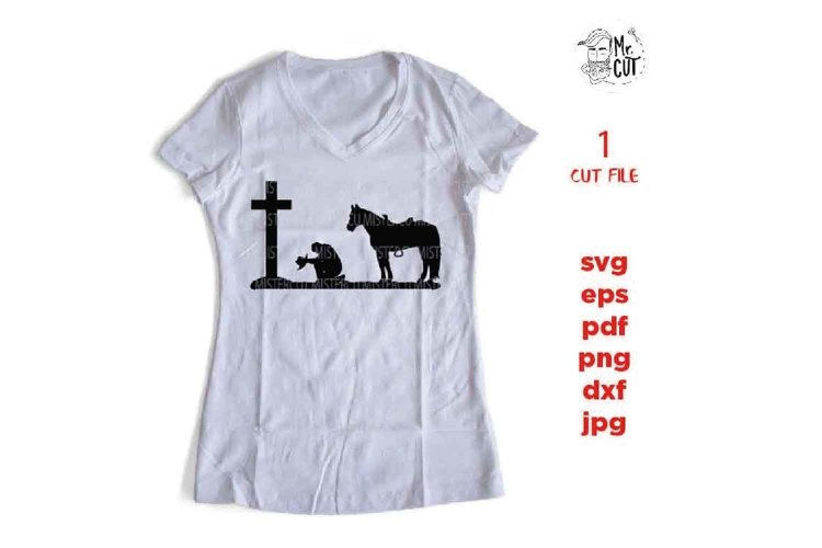Cowboy with Horse Kneeling Praying at Cross SVG cut file, example image 1