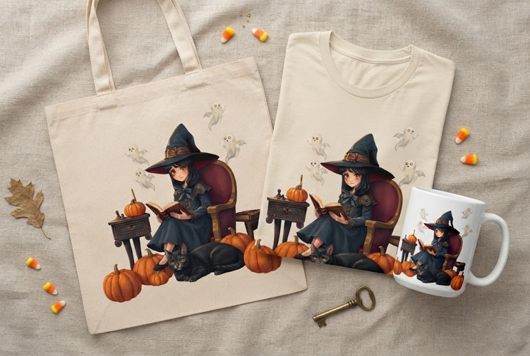 Halloween Witch Reading PNG | Black Cat Ghosts Pumpkin Clipa