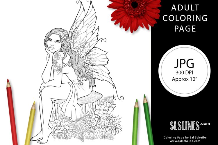 Nature Fairy with Wings Adult Coloring Page JPG example image 1