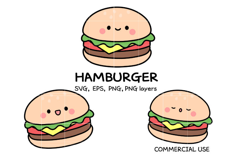 Cute Hamburger SVG Bundle | Kawaii Burger Clipart | Digital