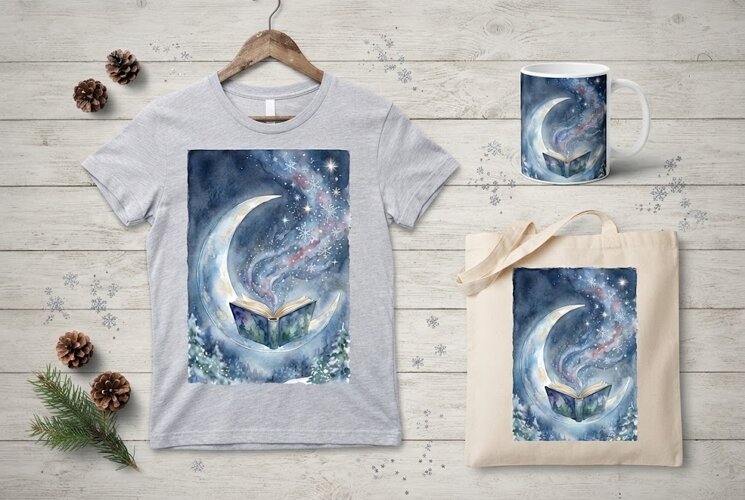 Celestial Moon and Magic Book Winter Watercolor Art PNG example image 1