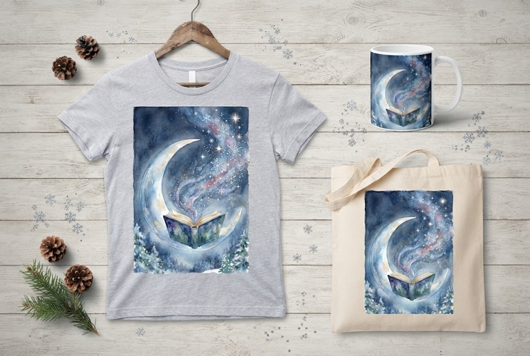 Celestial Moon and Magic Book Winter Watercolor Art PNG