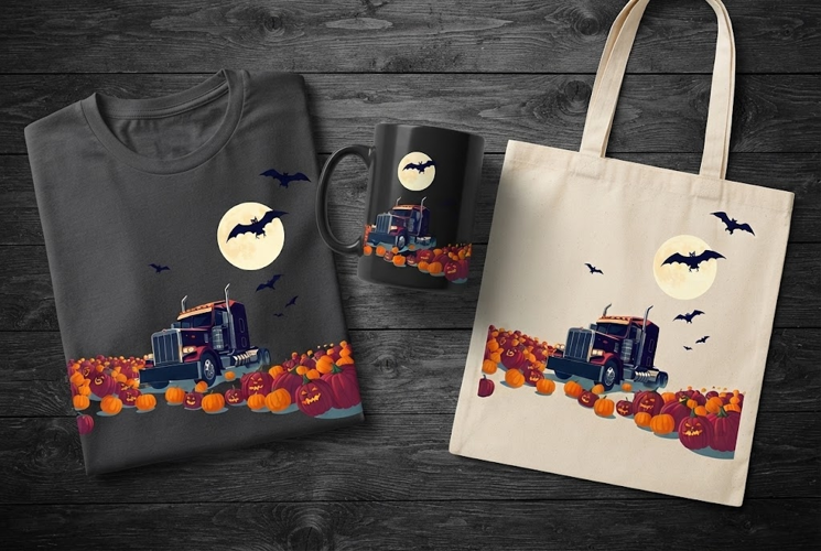 Semi Truck Pumpkin Patch Halloween Design with Bats