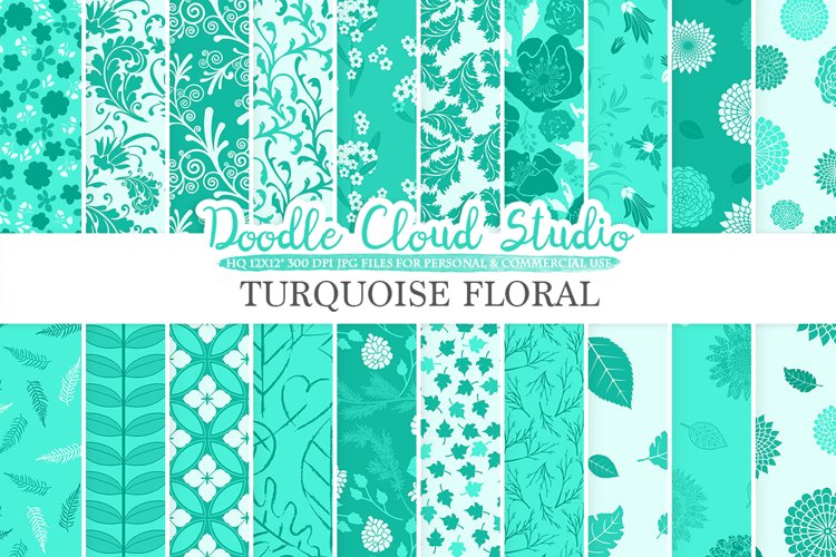 Aqua Floral digital paper Turquoise Floral pattern Flowers Dhalia Leaves Damask Calico background Instant Download Personal & Commercial Use example image 1