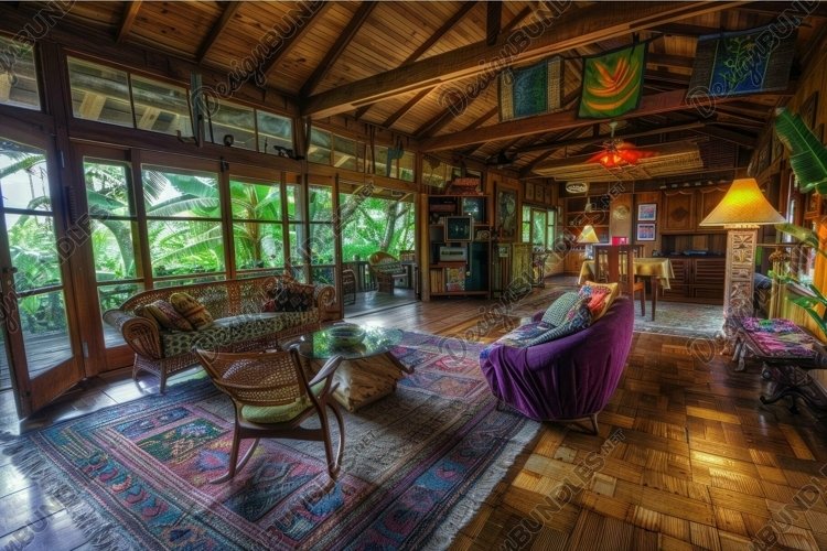 Cozy living room being bathed in sunlight with view of lush