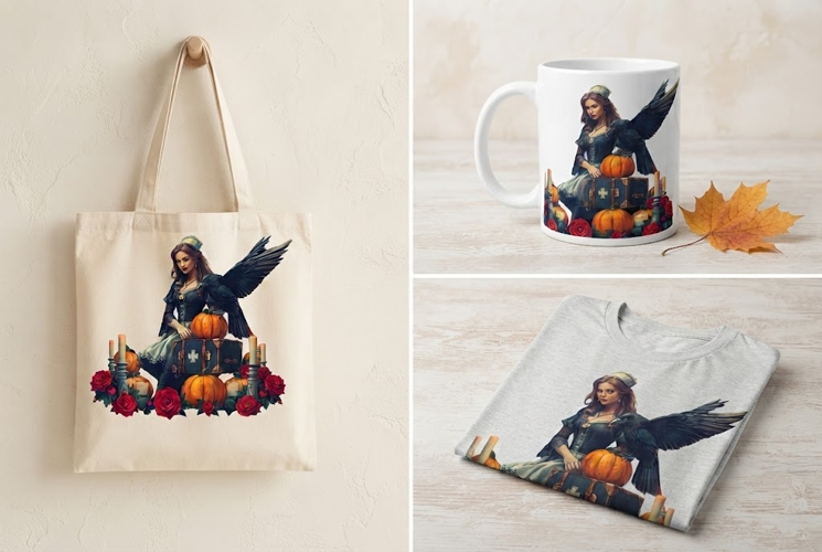 Gothic Halloween Nurse PNG with Raven, Pumpkins & Roses