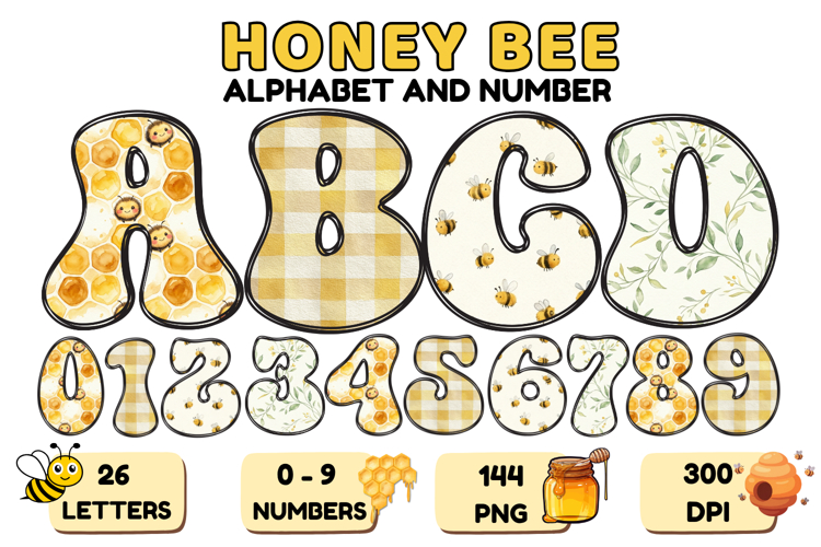 Honey bee Alphabet png clipart, honey bee letters doodle