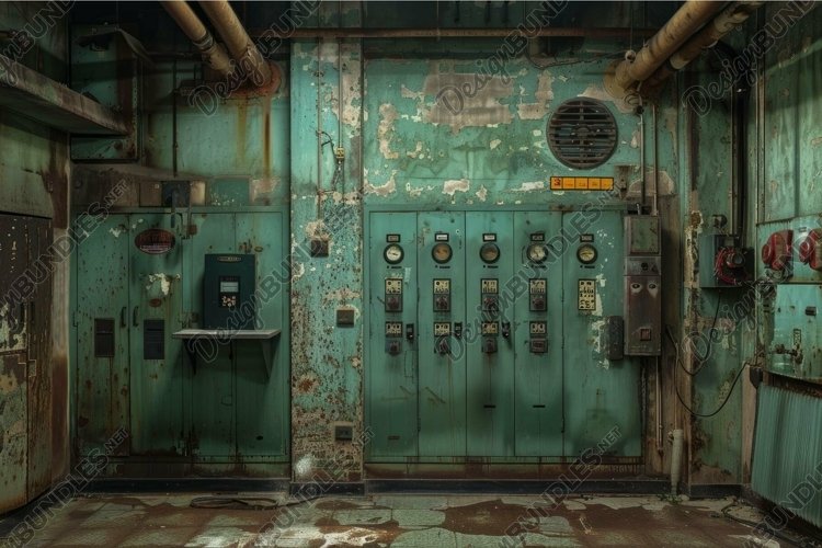 Vintage control panel with gauges in a dilapidated industria