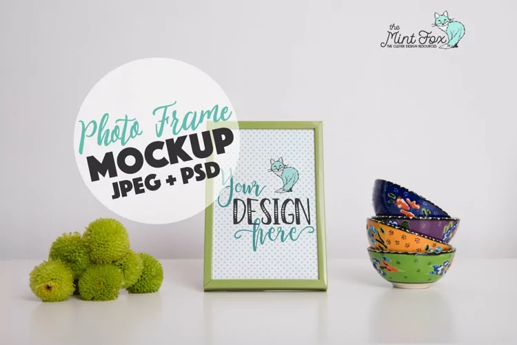 Photo Frame Mockup with Flowers and Cups
