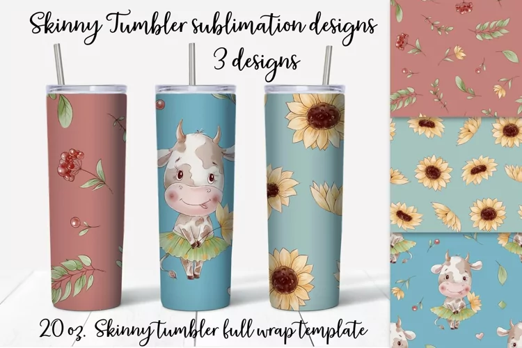 Cute cows and sunflowers Skinny tumbler wrap design