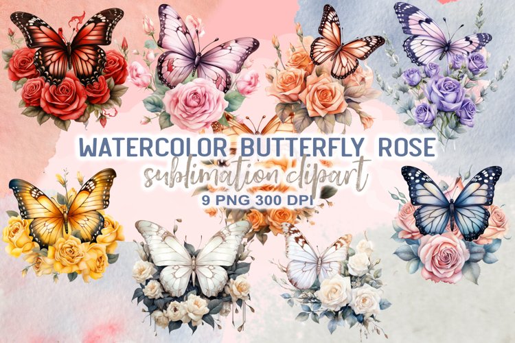 Watercolor Butterfly Rose Sublimation Clipart example image 1