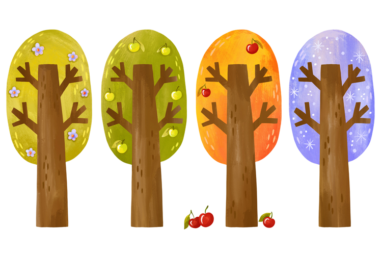 Four Seasons Trees Clipart Set, Hand-Drawn